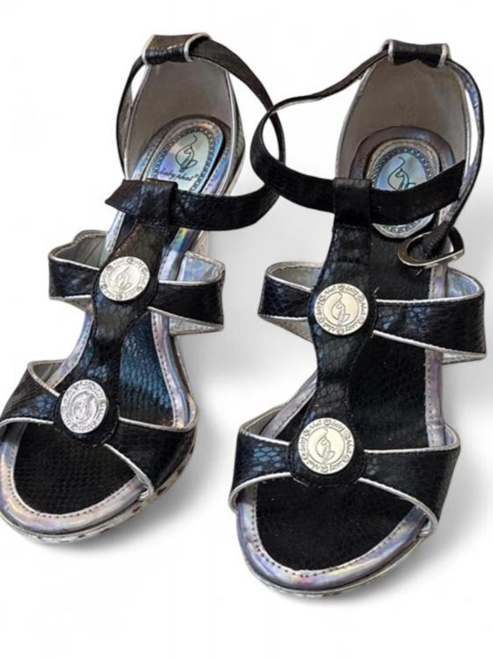 Baby Phat Black Metallic Strappy Heeled Sandals